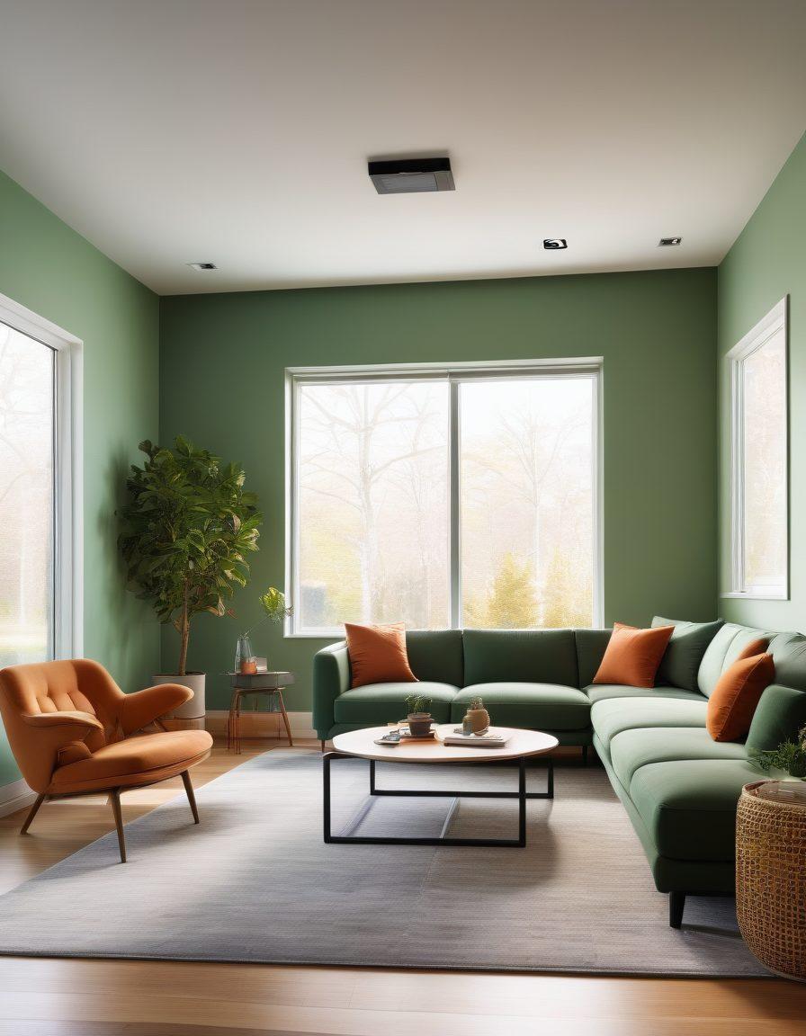 A modern, smart home featuring a sleek HVAC unit integrated seamlessly. The unit showcases advanced energy-efficient technology with eco-friendly symbols floating around it. Inside the house, comfortable, evenly distributed temperatures are illustrated by a family enjoying different activities in various rooms. Use soothing, vibrant colors to represent optimal climate control. super-realistic. vibrant colors. cozy indoor setting.