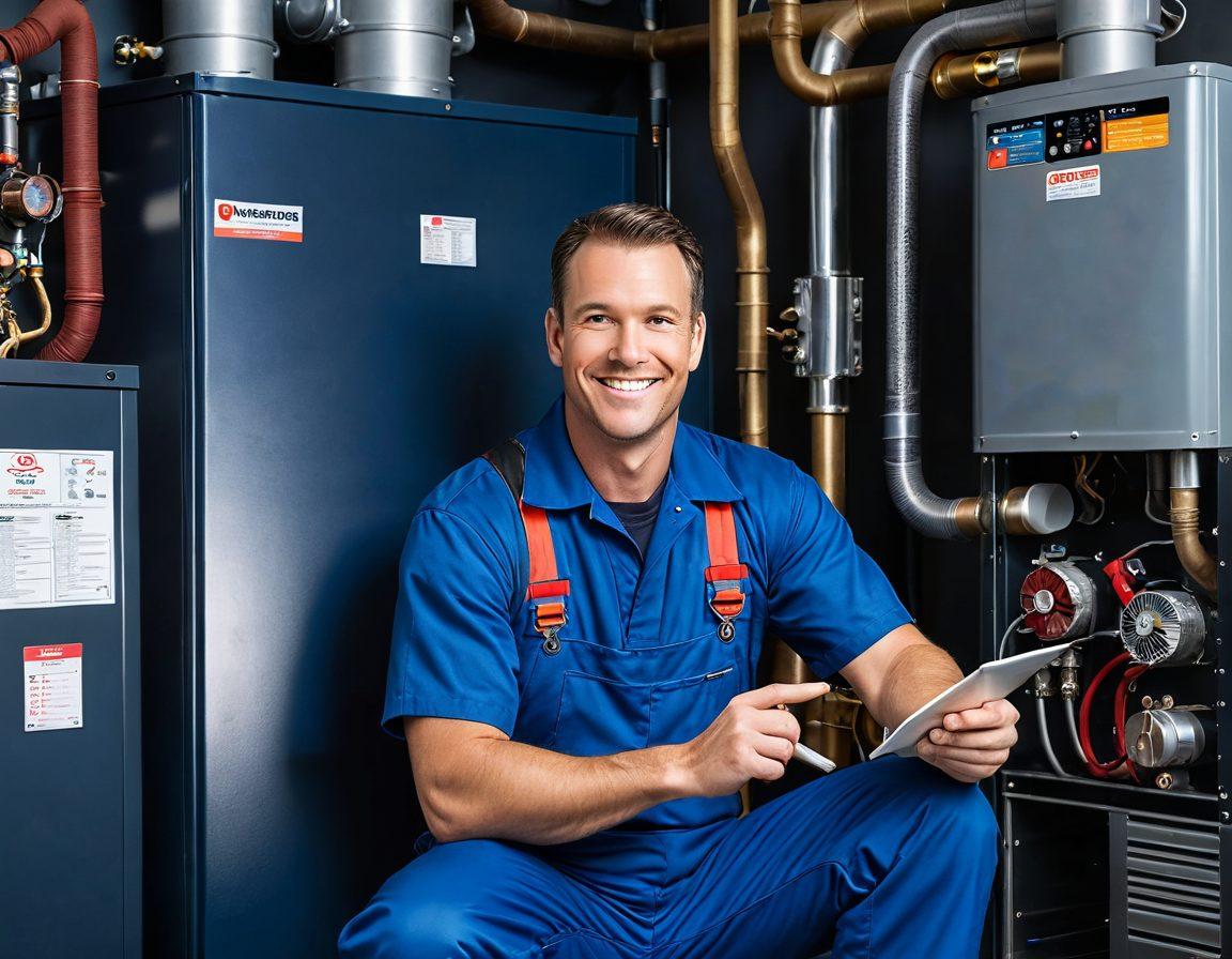 An HVAC technician in blue overalls, inspecting a shiny, modern furnace and air conditioning unit inside a cozy, well-lit home. The background features neatly arranged tools on a pegboard, reinforcing professionalism. The technician is holding a digital tester with a confident smile, suggesting reliability and expertise. Surrounding the unit are icons of airflow, temperature control, and energy efficiency. super-realistic. vibrant colors. inviting atmosphere.